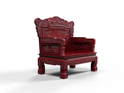 Traditional Chinese Style Red Armchair With Ornate Carved Details On Frame 3d model