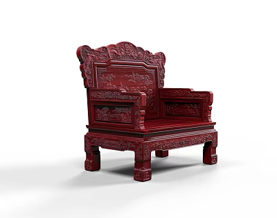 Traditional Chinese Style Red Armchair With Ornate Carved Details On Frame 3d model