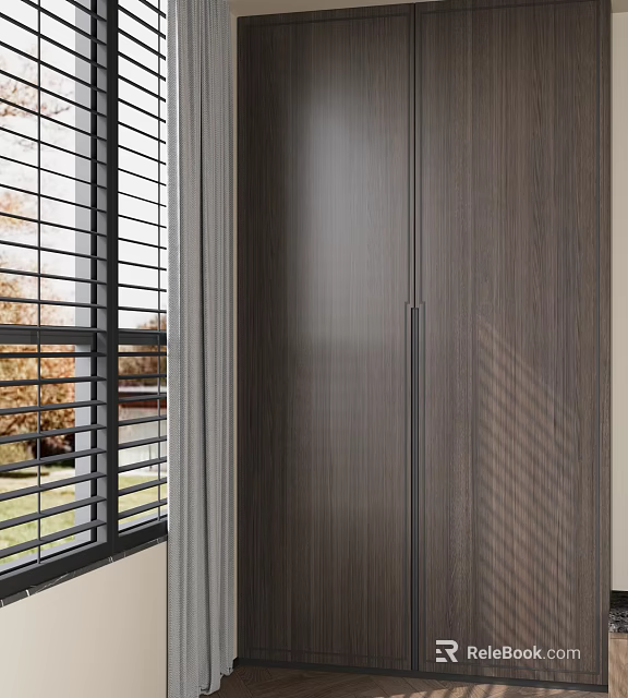 Modern Interior Design With Wooden Wardrobe Window Blinds And Natural Light Shadow 3d model 