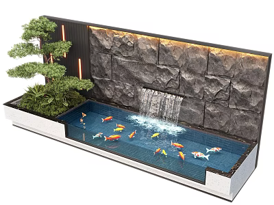 Outdoor Water Fountain With Stone Wall Waterfall Colorful Koi Fish And Green Plants 3d model