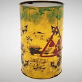 Industrial Equipment Yellow Metal Barrel with Worn Paint and Red Radioactive Warning Symbol