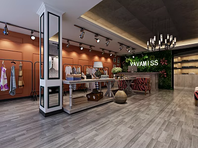 Modern Clothing Store with Bright Lighting Clothing Racks Counter and Greenery Decor 3d model