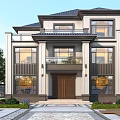 Two Story Detached Villa Exterior With Modern Design Large Windows And Landscaped Front Yard