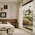 Elegant Bedroom Interior With Decorative Headboard Framed Paintings Large Window And Soft Area Rug