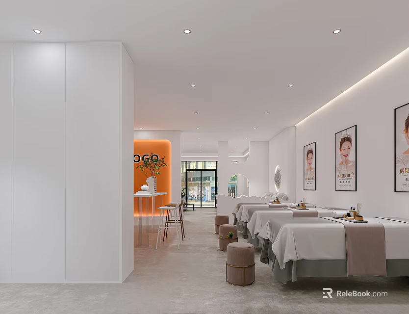 Spacious Modern Beauty Hair Salon Interior With Comfortable Treatment Beds And Framed Posters 3d model 
