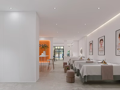 Spacious Modern Beauty Hair Salon Interior With Comfortable Treatment Beds And Framed Posters 3d model