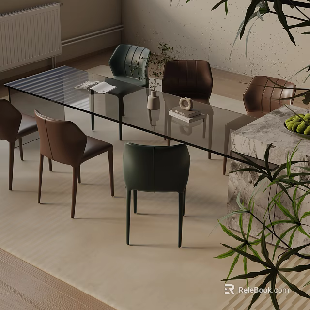 Elegant Modern Glass Top Dining Table Set With Brown Green Chairs And Marble Accents 3d model 