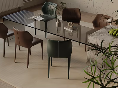 Elegant Modern Glass Top Dining Table Set With Brown Green Chairs And Marble Accents 3d model