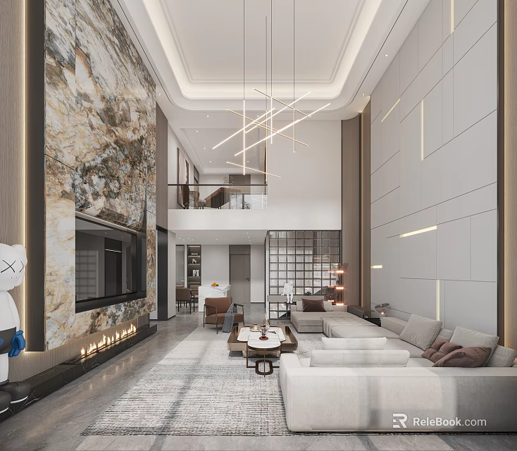 Modern Loft Living Room Interior With Artistic Wall And Sofa Set 3d model