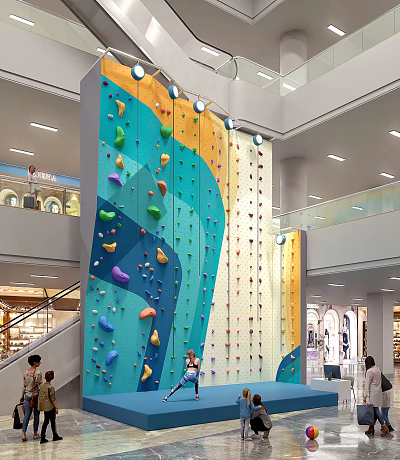 Indoor Rock Climbing Wall With Colorful Holds In Multi Level Shopping Mall 3d model