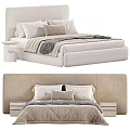 Modern Double Bed With Upholstered Headboard Neutral Bedding Decorative Pillows And Nightstand