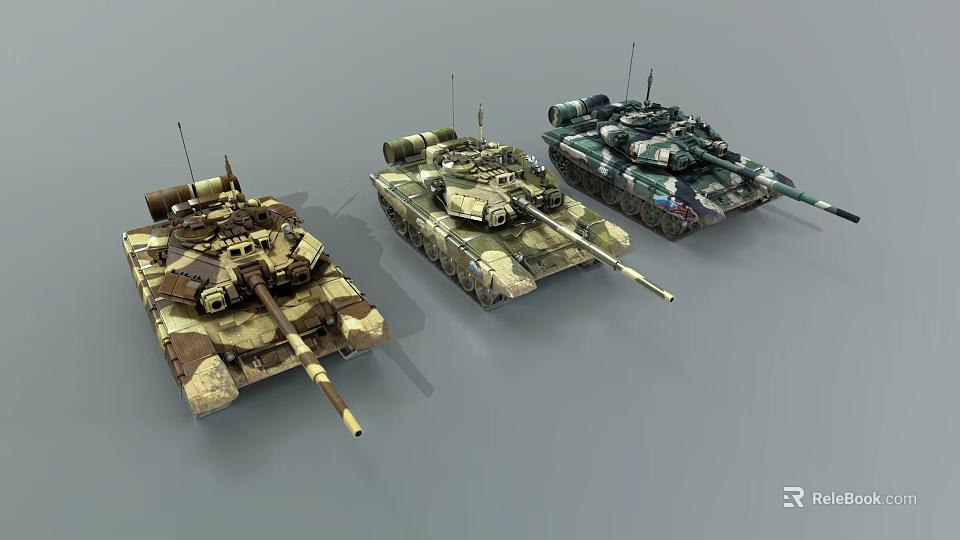 Three Army Tanks with Different Camouflage Patterns in Military Vehicle 3d model 