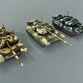 Three Army Tanks with Different Camouflage Patterns in Military Vehicle