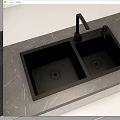 Black Double Bowl Kitchen Sink with Modern Faucet on Grey Marble Countertop
