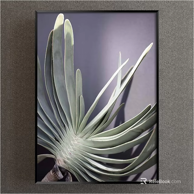 Botanical Painting Green Leafy Plant with Long Slender Leaves Black Frame Gray Background 3d model 
