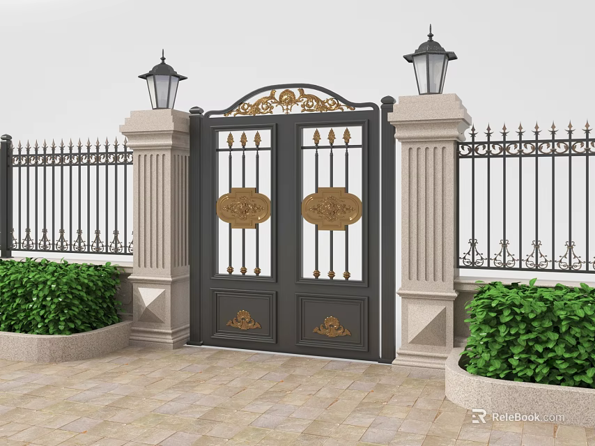 Elegant Iron Gate with Golden Decorations Stone Pillars Lamp Posts Green Bushes Stone Paved Path 3d model 