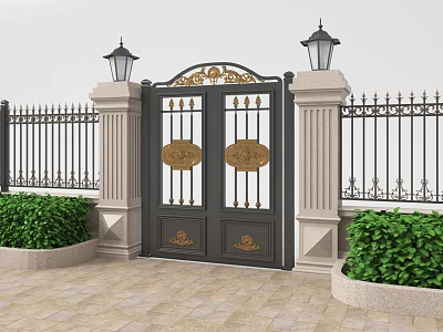 Elegant Iron Gate with Golden Decorations Stone Pillars Lamp Posts Green Bushes Stone Paved Path 3d model