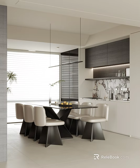 Modern Restaurant Interior With Open Kitchen Dining Table White Chairs And Pendant Lights 3d model