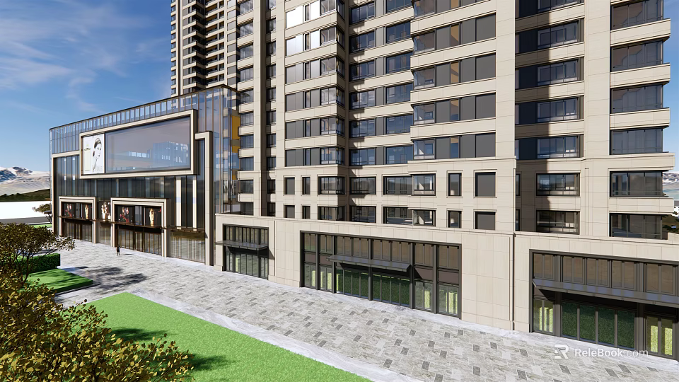 Modern Urban Commercial Street With High Rise Buildings Retail Shops Pedestrian Walkway And Greenery 3d model 