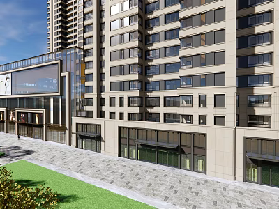 Modern Urban Commercial Street With High Rise Buildings Retail Shops Pedestrian Walkway And Greenery 3d model