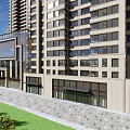 Modern Urban Commercial Street With High Rise Buildings Retail Shops Pedestrian Walkway And Greenery
