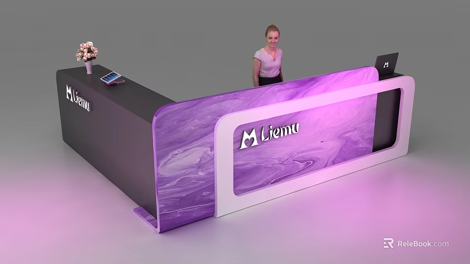 Modern Purple Marble Reception Desk With Liemu Logo Tablet And Flower Arrangement 3d model 