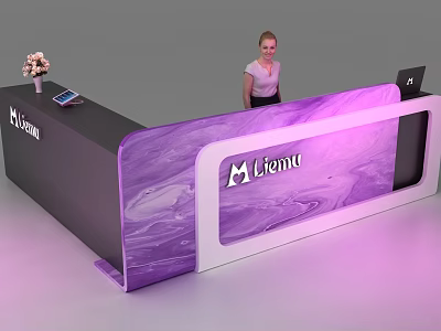 Modern Purple Marble Reception Desk With Liemu Logo Tablet And Flower Arrangement 3d model
