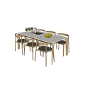 White Rectangular Dining Table Set With Six Wooden Chairs Plants Black Device Yellow Plate