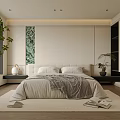 Modern Minimalist Bedroom Interior With Upholstered Bed Blanket Plant And Decorative Painting