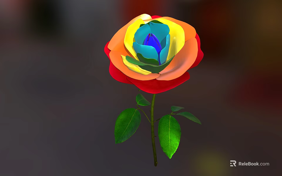 Rainbow Colored Rose With Vibrant Petals And Green Leaves On Stem 3d model 