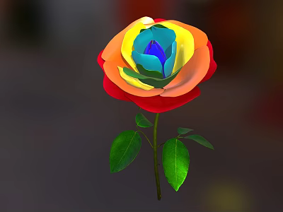 Rainbow Colored Rose With Vibrant Petals And Green Leaves On Stem 3d model