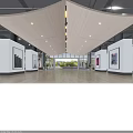 Antique Gallery Interior With Wooden Ceiling Hanging Lights And Artworks