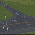 Road Infrastructure Featuring Multi Lane Intersection With Streetlights Green Grass Verges And Vehicles Driving