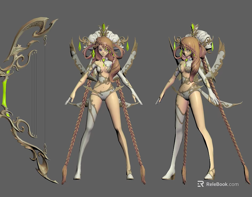 Female Game Movie Character With Elaborate Bow Braided Hair And Decorative Wings 3d model 