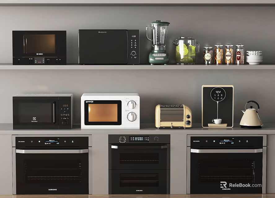 Modern Kitchen Shelves Displaying Various Appliances Like Microwaves Blenders Toasters And Ovens 3d model 