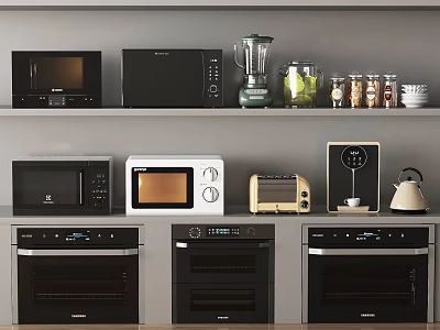 Modern Kitchen Shelves Displaying Various Appliances Like Microwaves Blenders Toasters And Ovens 3d model