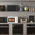 Modern Kitchen Shelves Displaying Various Appliances Like Microwaves Blenders Toasters And Ovens