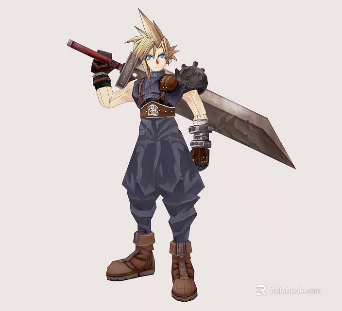 Blonde Spiky Haired Video Game Character With Blue Eyes Dark Outfit And Large Sword 3d model 