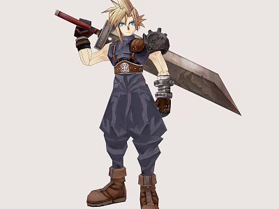 Blonde Spiky Haired Video Game Character With Blue Eyes Dark Outfit And Large Sword 3d model