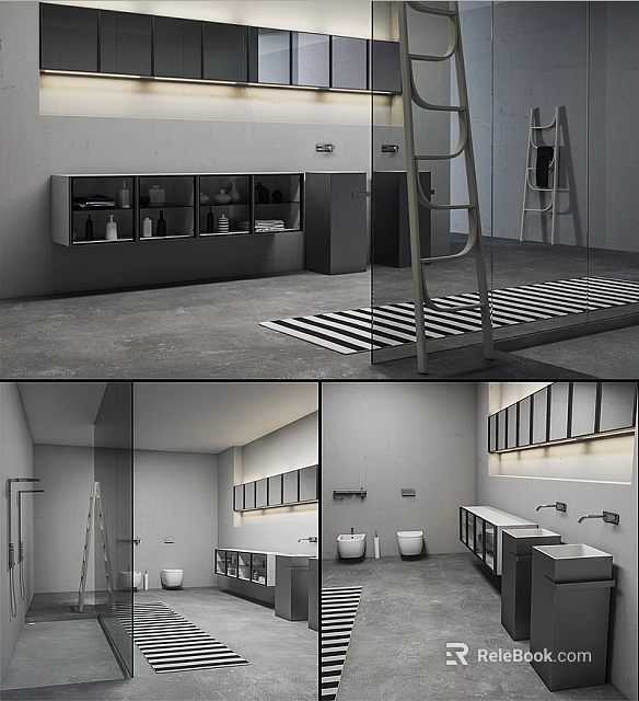 Modern Public Toilet Interior Design With Sinks Cabinets And Fixtures 3d model 
