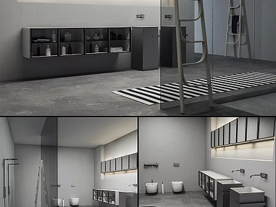 Modern Public Toilet Interior Design With Sinks Cabinets And Fixtures 3d model