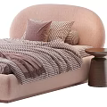 Pastel Pink And Beige Double Bed With Curved Headboard Striped Bedspread And Decorative Pillows