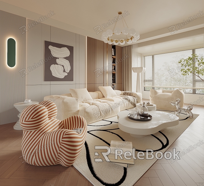 Cream Style Living Room Cream Style Sofa Coffee Table Combination Single Person Sofa Lazy Person Sofa Background Wall Floor Lamp Chandelier model