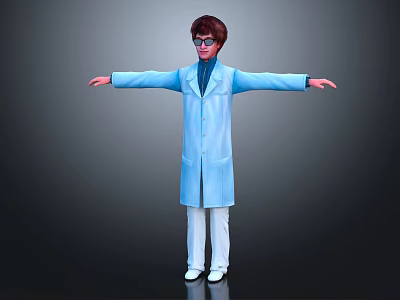 Character Wearing Blue Long Coat White Pants Glasses with Arms Outstretched Against Gray Gradient Background 3d model