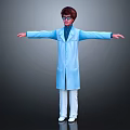 Character Wearing Blue Long Coat White Pants Glasses with Arms Outstretched Against Gray Gradient Background