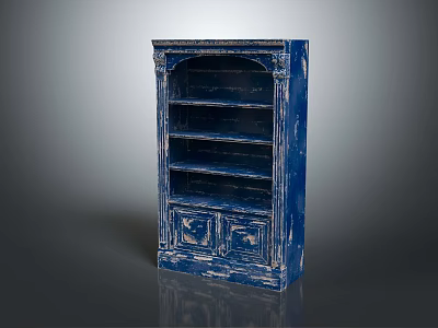 Blue Distressed Vintage Bookcase With Multiple Shelves And Decorative Cabinet Doors 3d model