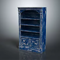 Blue Distressed Vintage Bookcase With Multiple Shelves And Decorative Cabinet Doors