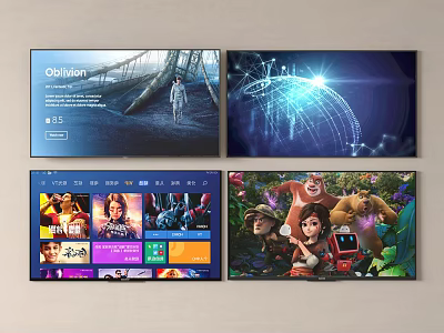 Four Flat Screen TVs Displaying Different Multimedia Content On Wall 3d model