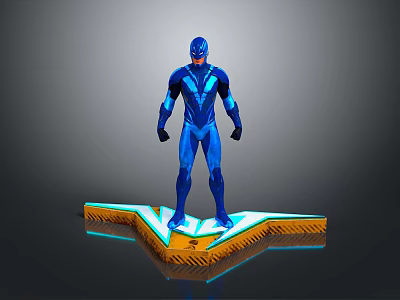Blue Superhero Game Movie Character Standing On Glowing Platform With Reflective Surface 3d model
