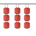 Set Of Three Red Stacked Cylindrical Lanterns Hanging On Black Rod As Household Items